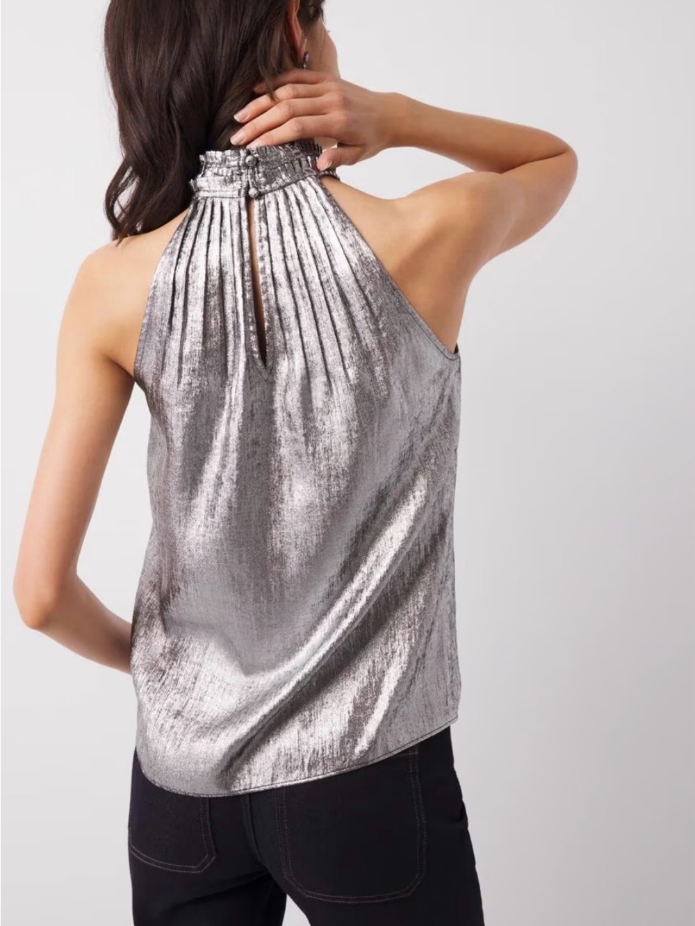 NWT White House Black Market Metallic Silver Gunmetal Halter-Neck Top size 10 - Picture 4 of 10